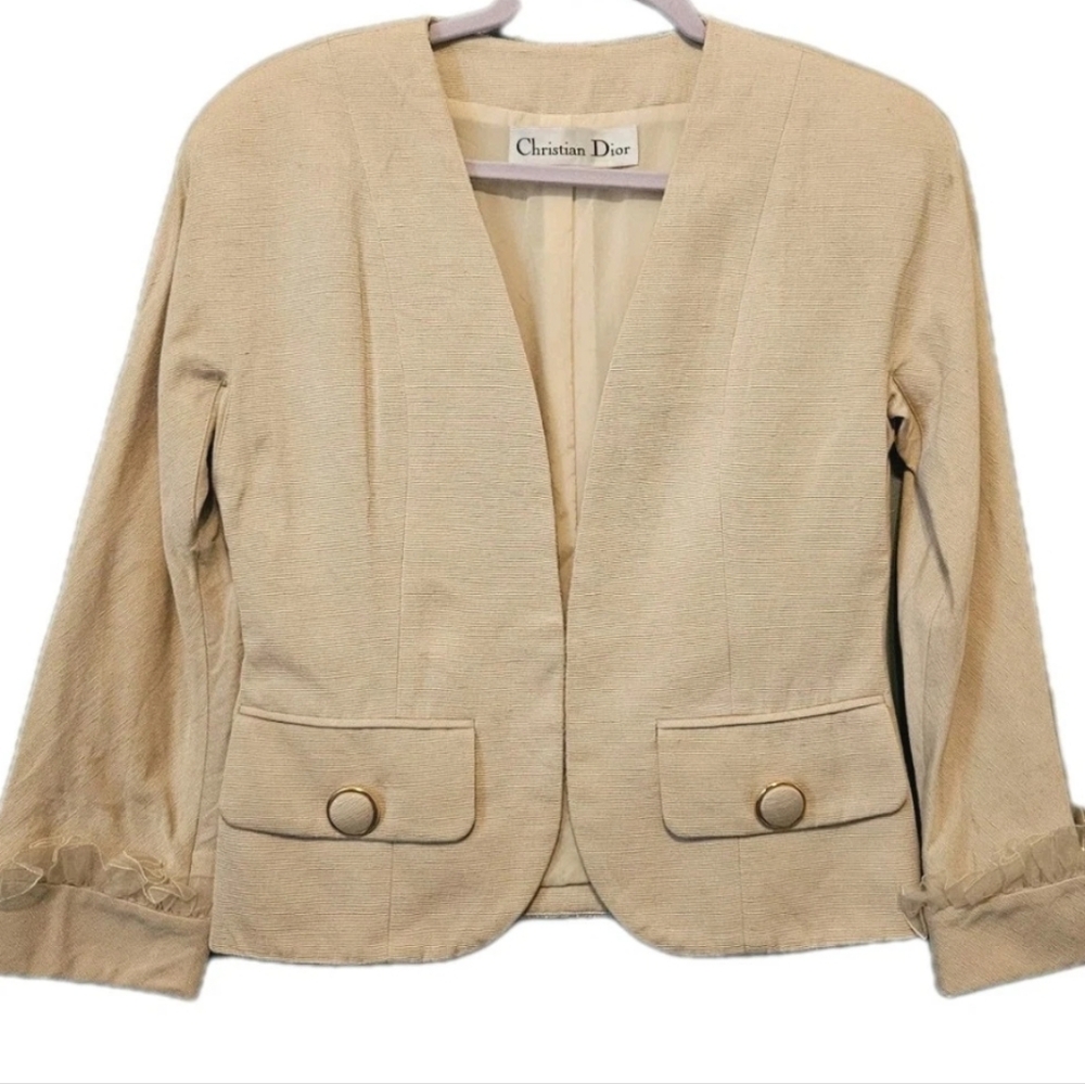 Christian Dior Women's Vintage Blazer Jacket Khaki Beige W Ruffle Linen Size 8